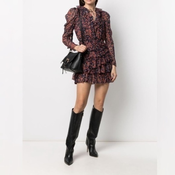 Ulla Johnson‎ Cecily Cosmos Print Long Sleeve Tiered Ruffle Mini Dress Sz 2 - Picture 1 of 11